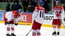 Jaromir Jagr, Roman Cervenka and Michal Jordan of the Czech Republic (L-R) react after loosing their Ice Hockey World Championship third-place game against the U.S. at th