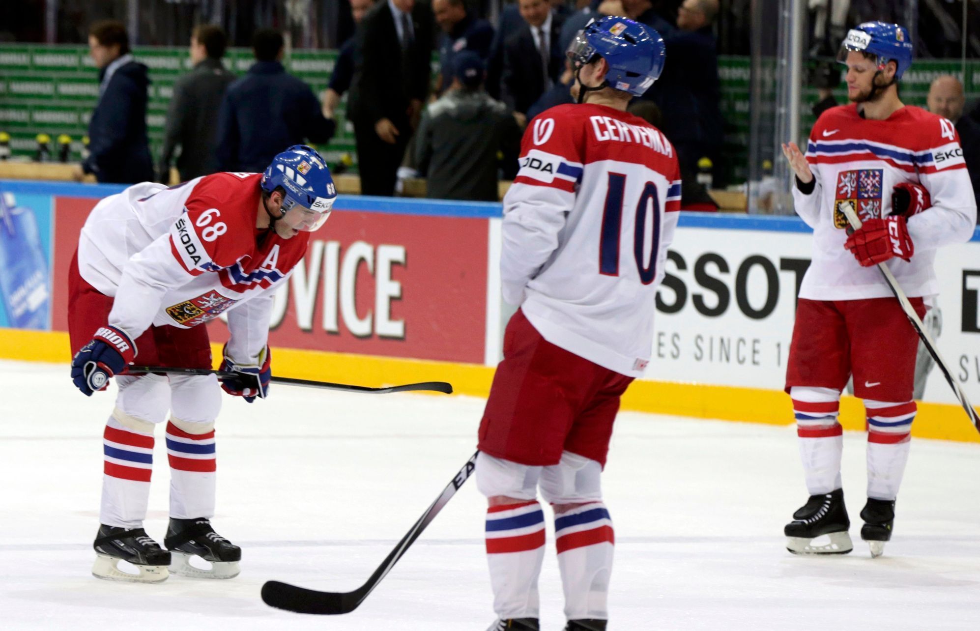 Jagr, Cervenka and Jordan of the Czech Republic react after loosing their Ice Hockey World Championship third-place game against the U.S. at the O2 arena in Prague