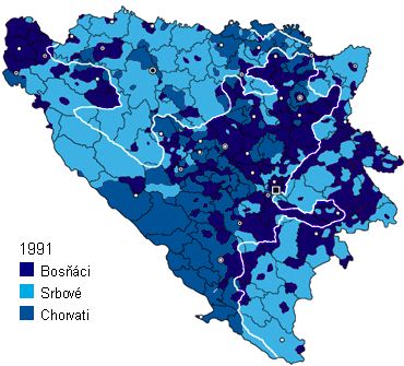 Mapa - Národnostní složení v Bosně a Hercegovině v roce 1991
