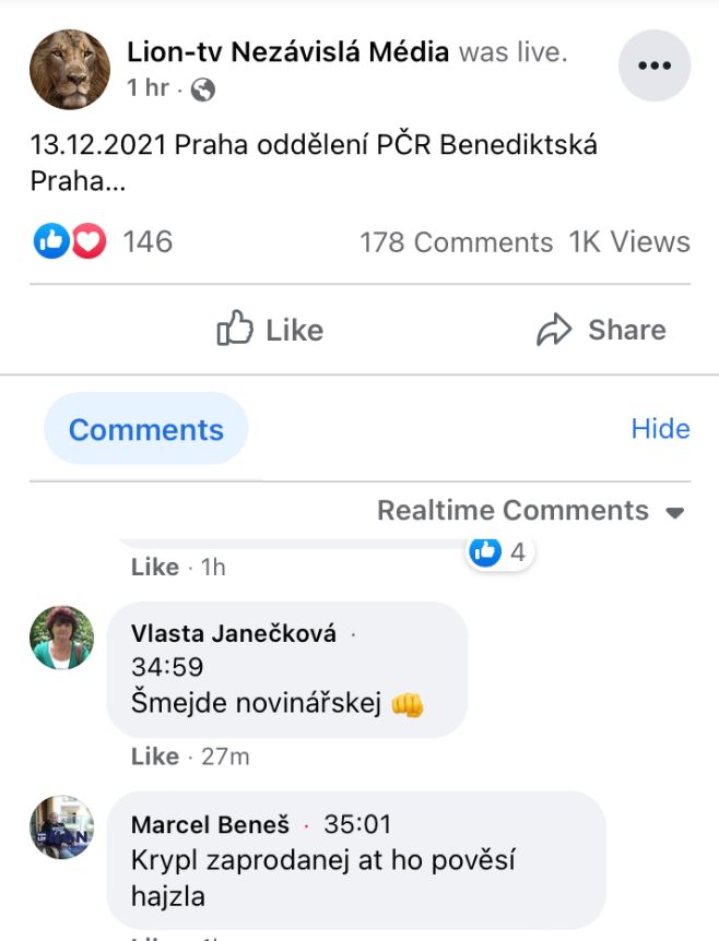 Jeden z komentářů pod videem, na němž skupina kolem Tušla slovně napadala reportéra Aktuálně.cz. | Foto: facebook.com