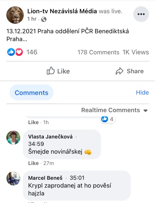 Komentář pod videem, na němž skupina kolem Tušla slovně napadala reportéra Aktuálně.cz.