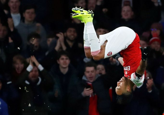 Premier League 2018/19, Arsenal - Fulham: Pierre-Emerick Aubameyang slaví čtvrtý gól Arsenalu.