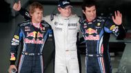 Sebastian Vettel, Nico Hülkenberg a Mark Webber, trojice tří nejlepších v kvalifikaci