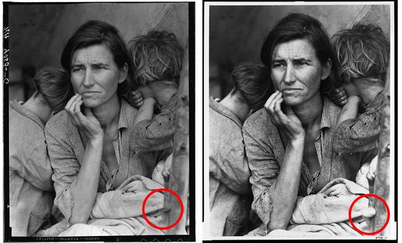 Původní (vpravo) a vyretušovaná fotografie (vlevo) migrující matky od Dorothey Langeové.