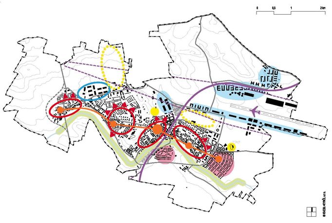 Milovice, koncepce územního plánu , archiv Knesl + Kynčl architekti Pro rozvoj území Milovic bylo stanoveno 5 okruhů koncepce rozvoje: město zeleně (rozvoj zeleně ve městě); město pro lidi (rozvoj občanského vybavení, tj. školy, služby ad.); město 21. století (rozvoj městského centra); město čtvrtí (posilování významu jednotlivých částí města); město pro život (regenerace bývalých vojenských území ve prospěch rekreace a podnikatelských aktivit).