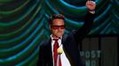 Robert Downey Jr. accepts his award during the 2015 MTV Movie Awards in Los Angeles