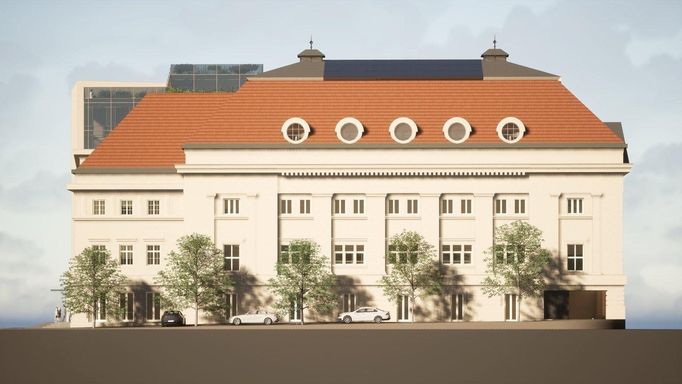 Vizualizace opravené budovy městských lázní v Plzni.