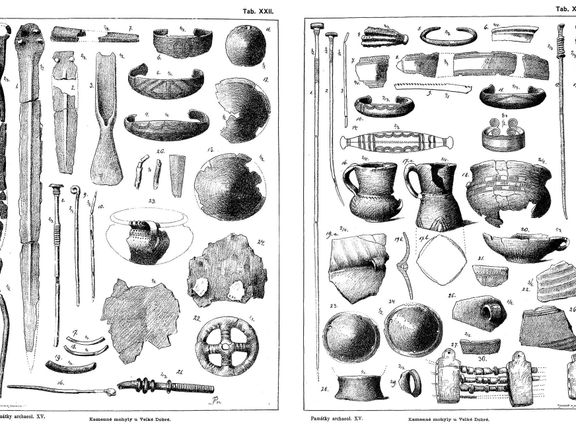 Nákresy předmětů, nalezených v mohylách z doby bronzové u Velké Dobré na Kladensku. Publikovány byly v roce 1892.