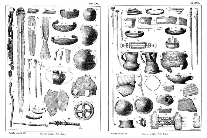 Nákresy předmětů, nalezených v mohylách z doby bronzové u Velké Dobré na Kladensku. Publikovány byly v roce 1892.