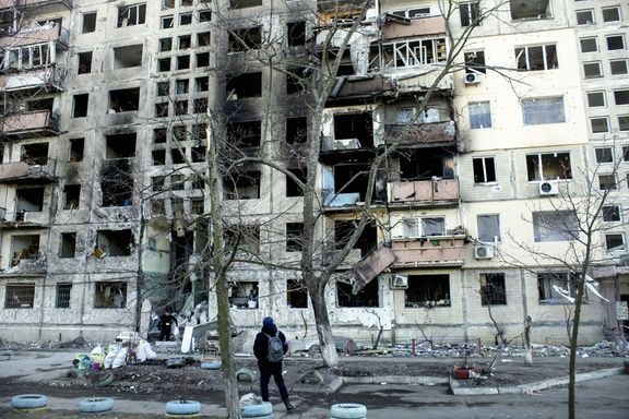 Záběr na válečné škody v Kyjevě, který je intenzivně bombardován ruskou invazní armádou. 15. 3. 2022