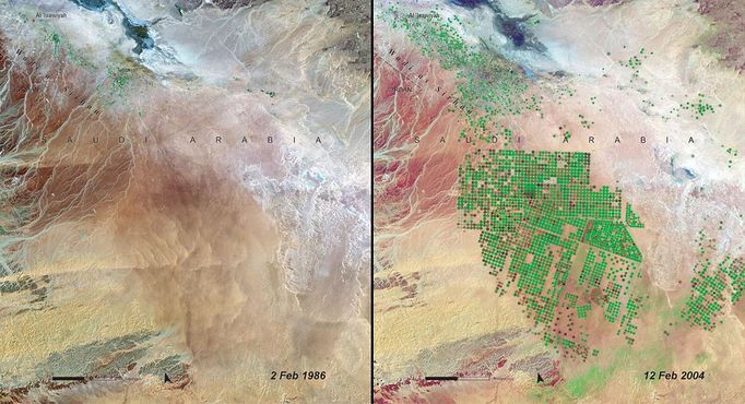 http://climate.nasa.gov/state_of_flux#Agriculturalgrowth_SaudiArabia.jpg Syrian Desert, Saudi Arabia Wadi As-Sirhan, Saudi Arabia. Left: February 2, 1986. Right: February 12, 2004. Once so barren it could barely support the towns of Al'Isawiyah and Tubarjal (upper left of each image), a vast desert region gradually blossomed into crop-producing fields (green dots) by use of center-pivot irrigation. The system used here draws from an ancient aquifer containing water as much as 20,000 years old. Judicious use of water resources and climate-appropriate technology has improved food production without harming the environment. Image by Landsat. Source: United Nations Environment Program (UNEP) (2005). One Planet Many People Atlas of our Changing Environment; Division of Early Warning and Assessment (DEWA) UNEP; Nairobi, Kenya.