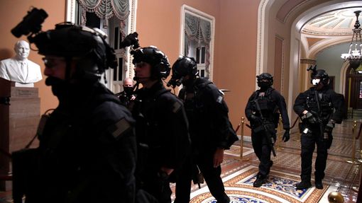 Zakuklení členové bezpečnostních jednotek zaplnili haly Senátu.