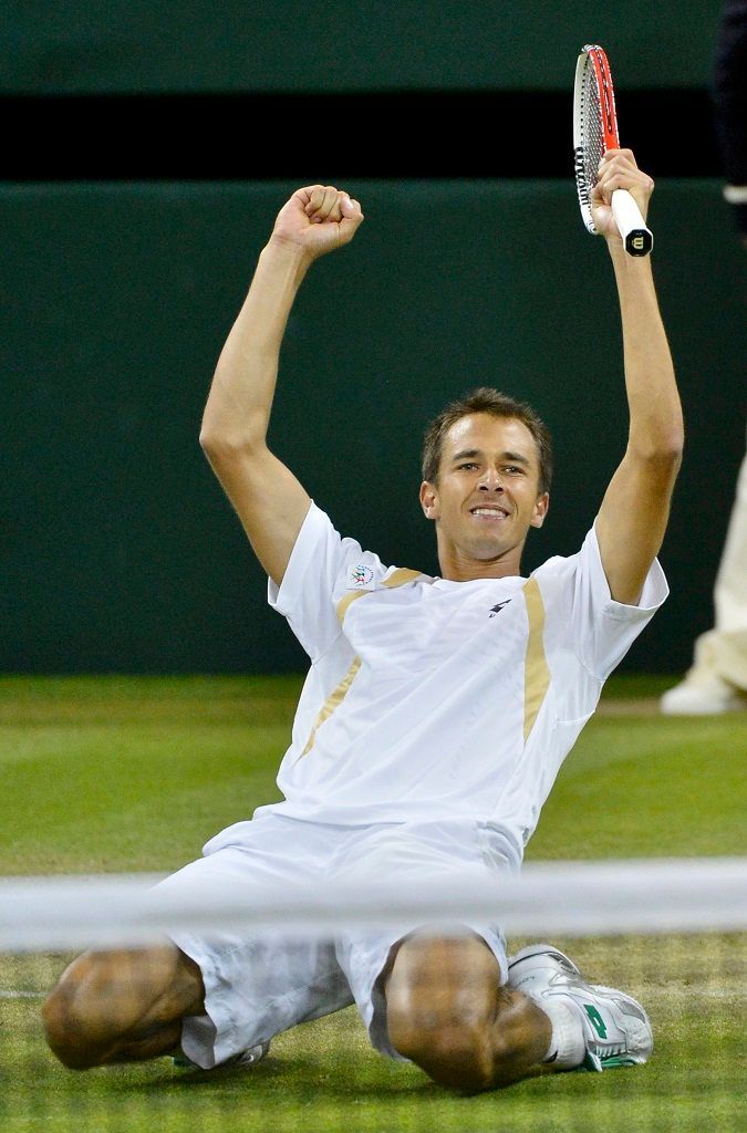 Lukáš Rosol slaví výhru nad Rafaelem Nadalem, Wimbledon 2012