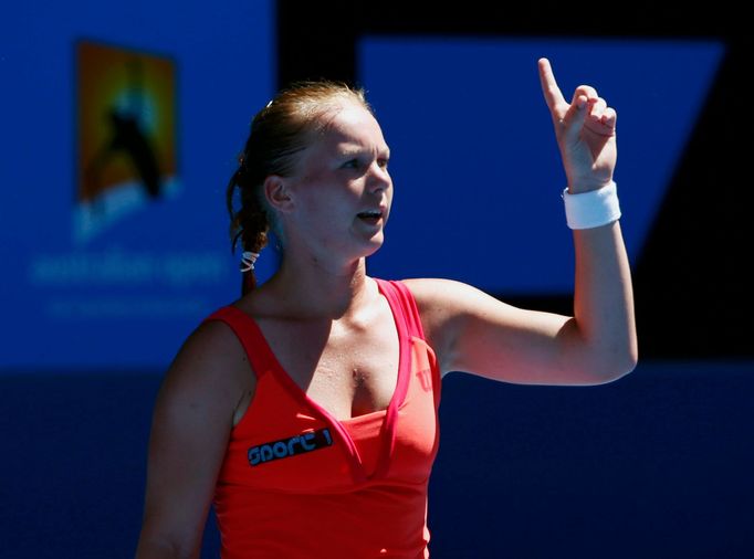 Kiki Bertens of the Netherlands challenges a call during her women's singles match Ana Ivanovic of Serbia at the Australian Open 2014 tennis tournament in Melbourne Janua