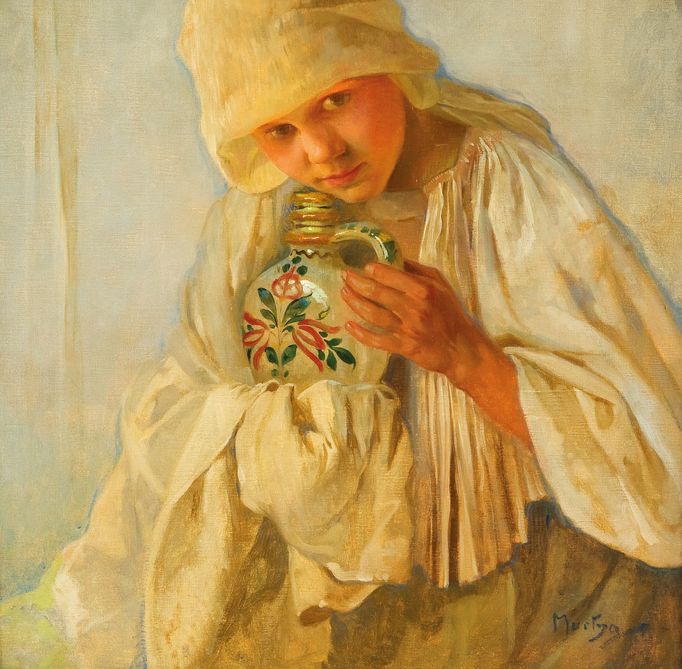 Alfons Mucha: Dívka se džbánem, olej na plátně, soukromá sbírka.