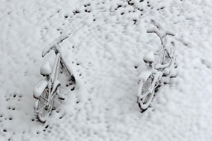 Snow covered bicycles are seen in Germering, near Munich October 28, 2012. REUTERS/Michaela Rehle (GERMANY - Tags: ENVIRONMENT SOCIETY TRANSPORT) Published: Říj. 28, 2012, 9:22 dop.