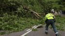 A Civil Guard sweeps as he cleans the area at a barricade built with trees by coal miners on strike, at the National Highway 630 passing through the town of Flor de Acebos, near Oviedo in northern Spain June 6, 2012. The coal miners are protesting against the government's proposal to decrease funding for coal production. REUTERS/Eloy Alonso (SPAIN - Tags: CIVIL UNREST BUSINESS EMPLOYMENT ENERGY POLITICS) Published: Čer. 6, 2012, 12:21 odp.