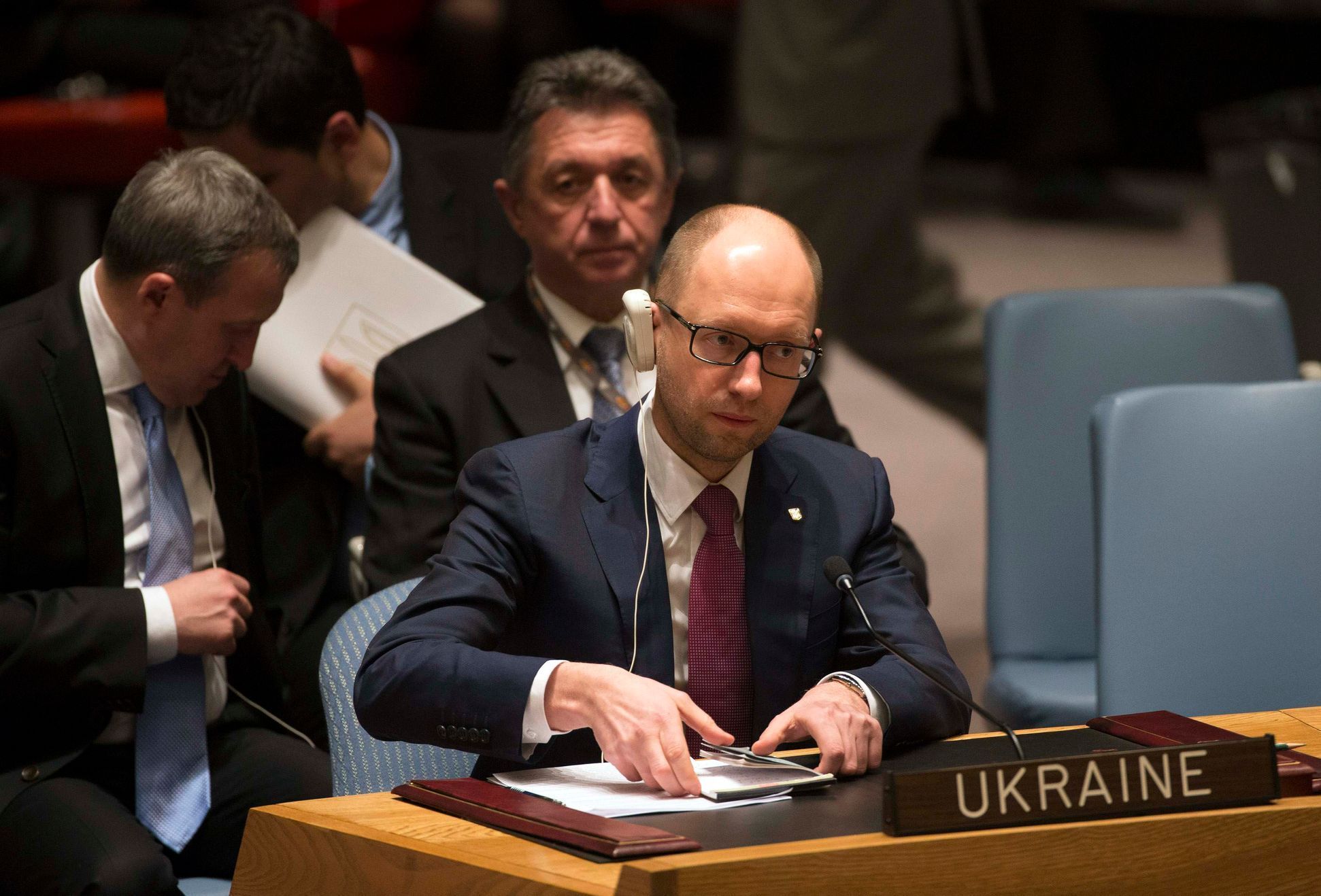 Ukraine Prime Minister Arseniy Yatsenyuk attends a meeting of the United Nations Security Council on the crisis in Ukraine, at U.N. Headquarters in New York