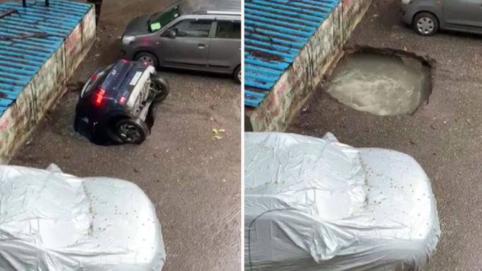 V indické Bombaji se zaparkovaný automobil najednou propadl do díry v silnici. Přivolaným hasičům se ho podařilo vyprostit až po 12 hodinách.