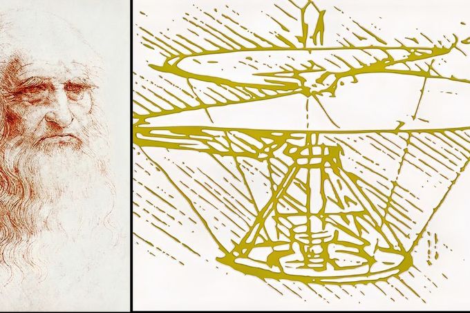 Podobizna Leonarda da Vinciho a jeho vize vrtulníku