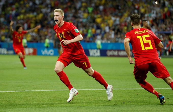 Kevin de Bruyne slaví gól v zápase Brazílie - Belgie na MS 2018