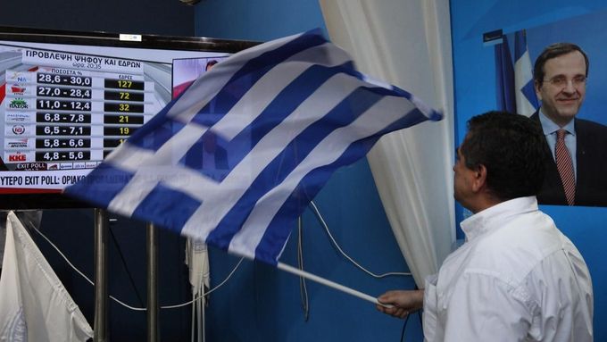 Příznivce konzervativní Nové demokracie mává vlajkou před televizní obrazovkou, kde právě zveřejnili první odhady.
