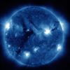 Sunspot 1283 Bristling With Flares A third solar flare and coronal mass ejection has erupted from sunspot 1283. The third came on September 7 at 6:36 PM ET, and was categorized as an X1.8 by the GOES spacecraft, making it the second X-class flare within 24 hours, the prior being an X2.1 on Sept. 6, 2001 at 6:20 PM ET. Pictured here, leaping off the sun to the right is a giant plume of solar material – ionized gas called plasma – from sunspot 1283. This sunspot ejected three solar flares and three coronal mass ejections from September 5 to September 7, 2011. The picture here, captured by the Solar Dynamics Observatory, shows light with a wavelength of 335 Angstroms. Credit: NASA/SDO/AIA