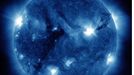 Sunspot 1283 Bristling With Flares A third solar flare and coronal mass ejection has erupted from sunspot 1283. The third came on September 7 at 6:36 PM ET, and was categorized as an X1.8 by the GOES spacecraft, making it the second X-class flare within 24 hours, the prior being an X2.1 on Sept. 6, 2001 at 6:20 PM ET. Pictured here, leaping off the sun to the right is a giant plume of solar material – ionized gas called plasma – from sunspot 1283. This sunspot ejected three solar flares and three coronal mass ejections from September 5 to September 7, 2011. The picture here, captured by the Solar Dynamics Observatory, shows light with a wavelength of 335 Angstroms. Credit: NASA/SDO/AIA