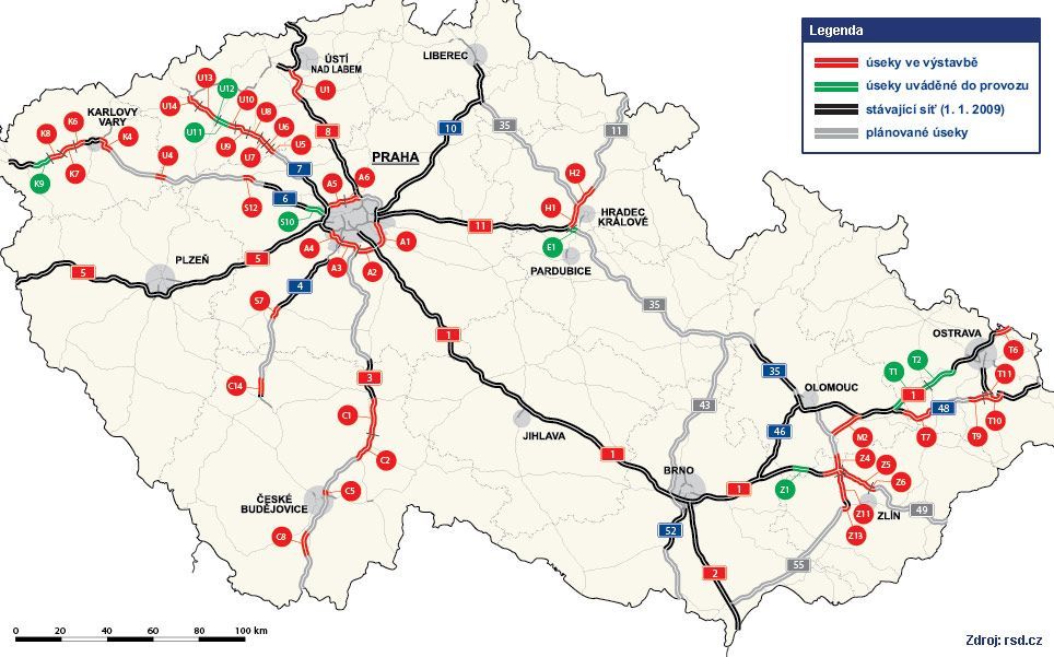 mapa - Dálnice a rychlostní silnice (stav k 1. 1. 2009)
