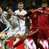 Albiol of Spain challenges Gyomber of Slovakia during their Euro 2016 qualification soccer match at the MSK stadium in Zilina