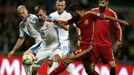 Albiol of Spain challenges Gyomber of Slovakia during their Euro 2016 qualification soccer match at the MSK stadium in Zilina