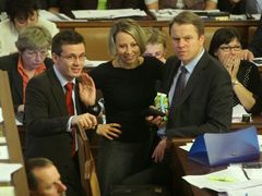 Ondřej Liška, Kateřina Jacques a Martin Bursík (zleva doprava) ve sněmovně.