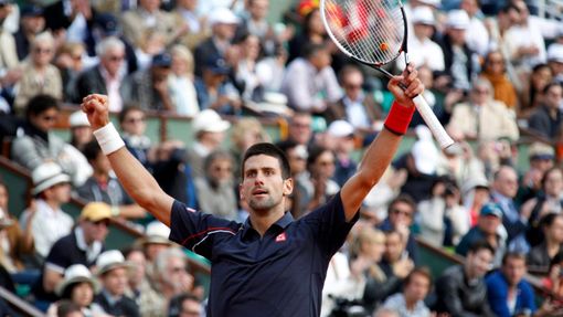 Srbský tenista Novak Djokovič se raduje z vítězství nad Švýcarem Rogerem Federerem po semifinále French Open 2012.