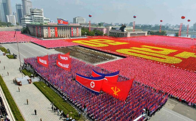 A general view shows a parade marking the 1948 establishment of North Korea, in Pyongyang in this photo taken by Kyodo September 9, 2013.