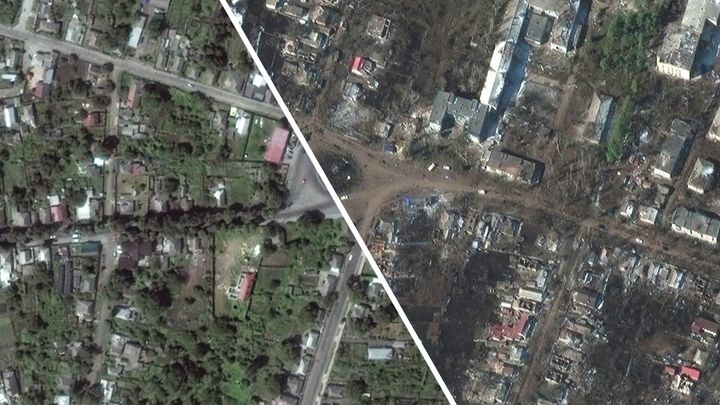 Černé krátery, zjizvená země. Satelitní snímky ukrajinských měst před invazí a po ní; Zdroj foto: Reuters