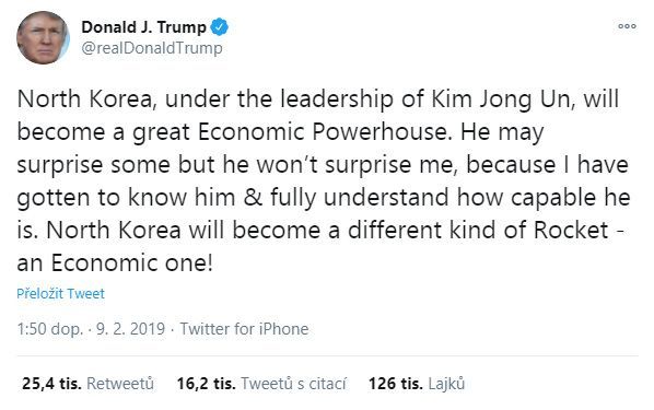 Trump - tweet - Pochopení pro Kima