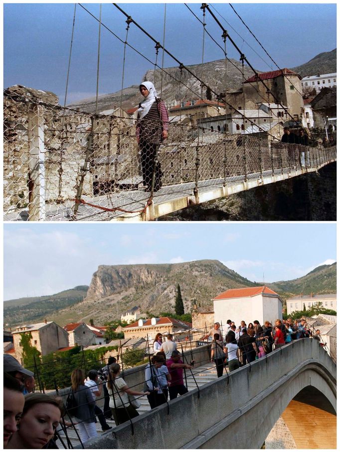 Visutý most, který nahradil bývalý kamenný most přes řeku Neretva v Mostaru (foto z 23. února 1998) a obnovený kamenný most na snímku z 2. června 2011.