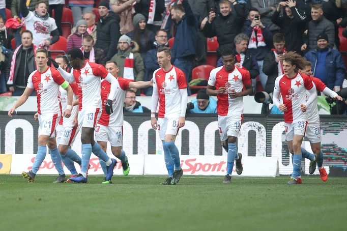 Slávistická radost v zápase 28. ligového kola Slavia - Sparta