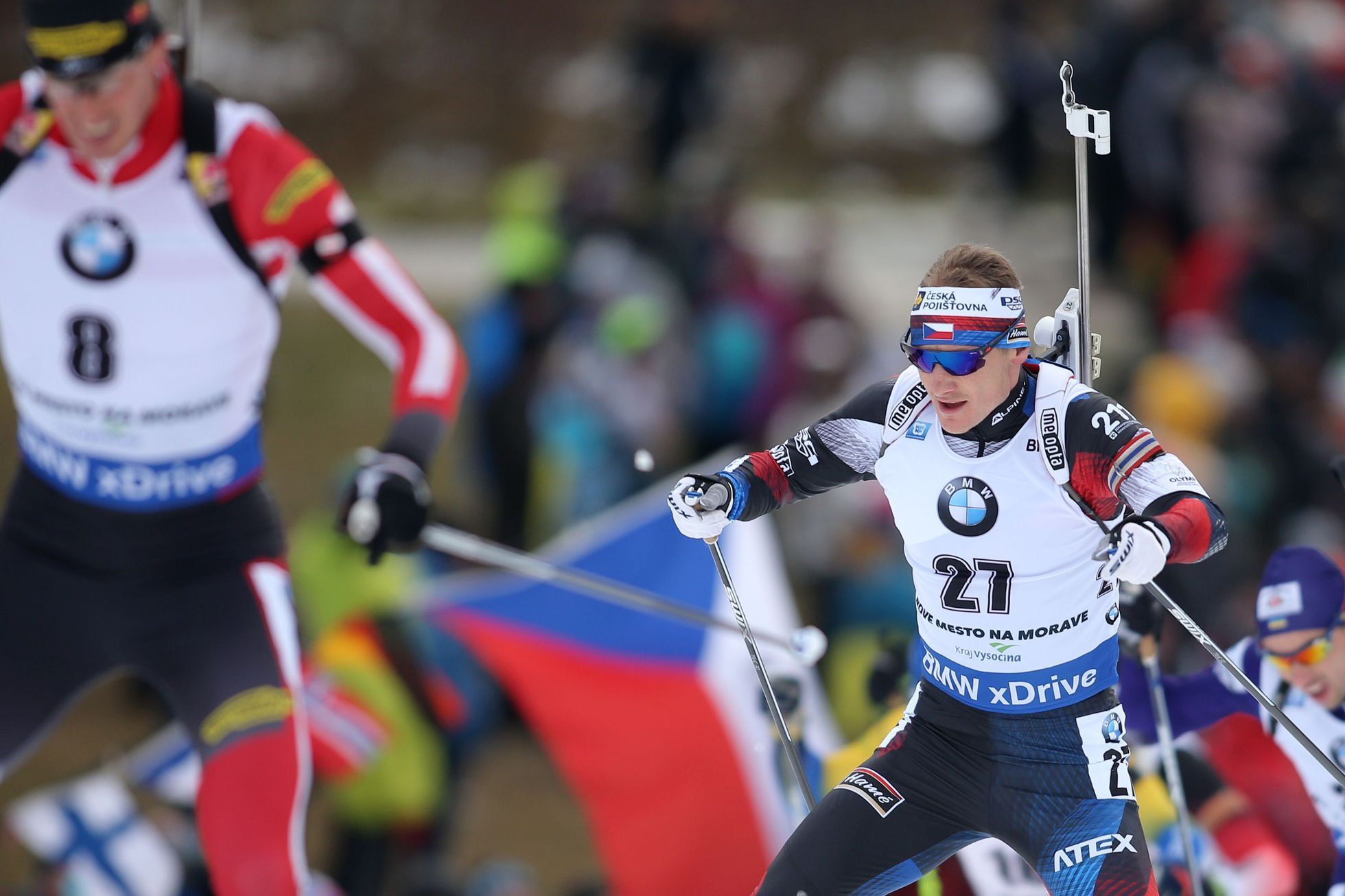Ondřej Moravec v závodě s hromadným startem na SP v Novém Městě na Moravě 2018.