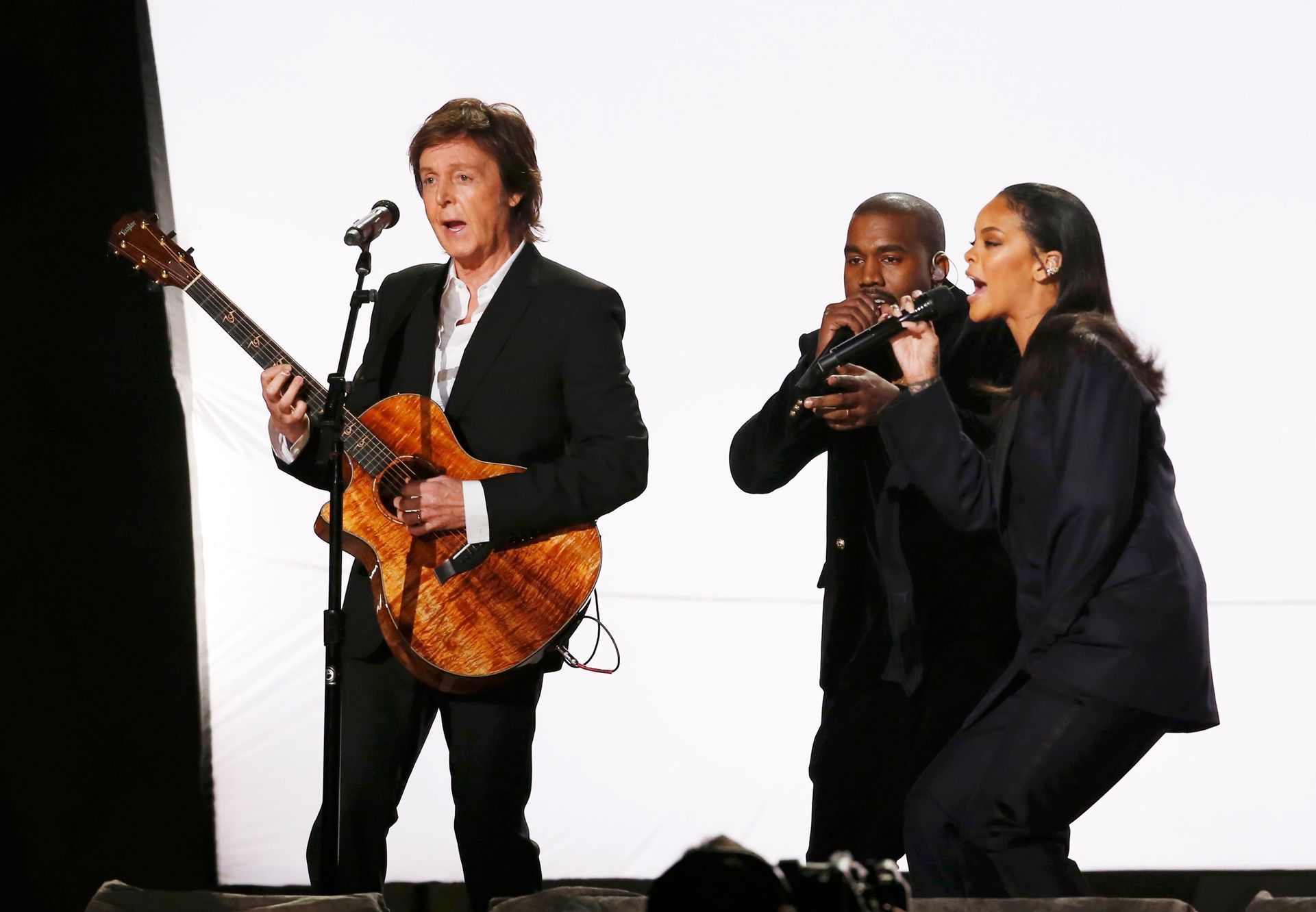 Paul McCartney, Rihanna and Kanye West perform &quot;FourFiveSeconds&quot; at the 57th annual Grammy Awards in Los Angeles