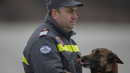 Služební pes je připraven členem rumunské jednotky, aby pomohl tureckým záchranným službám po tamním zemětřesení.