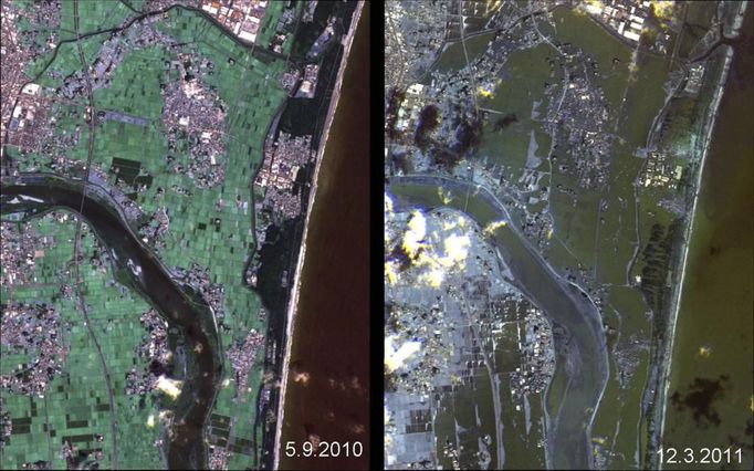 Pobřeží Japonska 5. září 3010 a 12. března 2011.