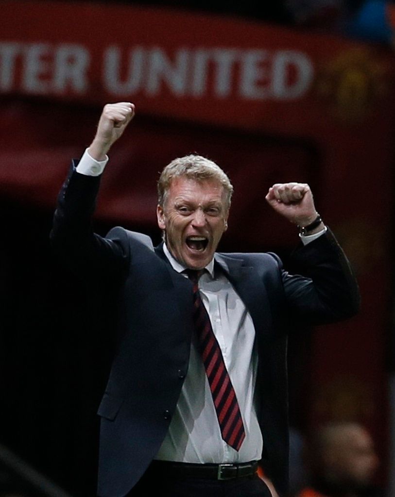 David Moyes se raduje z gólu v utkání Manchester United vs. Liverpool