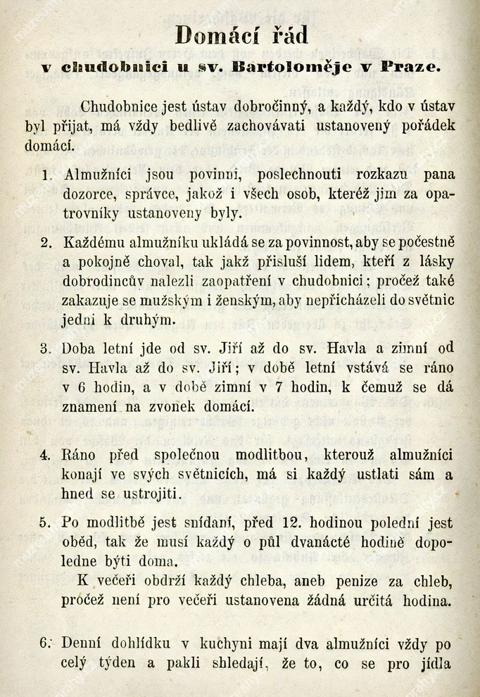 Pravidla jak se chudí opatrovati mají v chudobinci u sv. Bartoloměje. Praha, 1864, tiskem vdovy I. Freundové a spol.