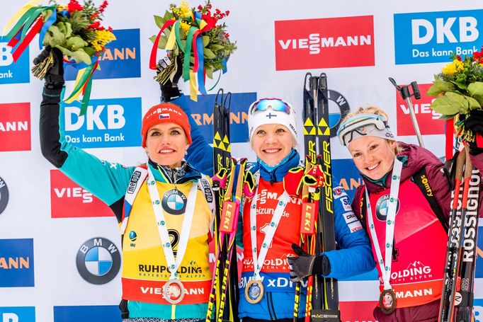 SP Ruhpolding, stíhačka Ž: Gabriela Koukalová, Kaisa Mäkäräinenová a Marie Dorinová Habertová