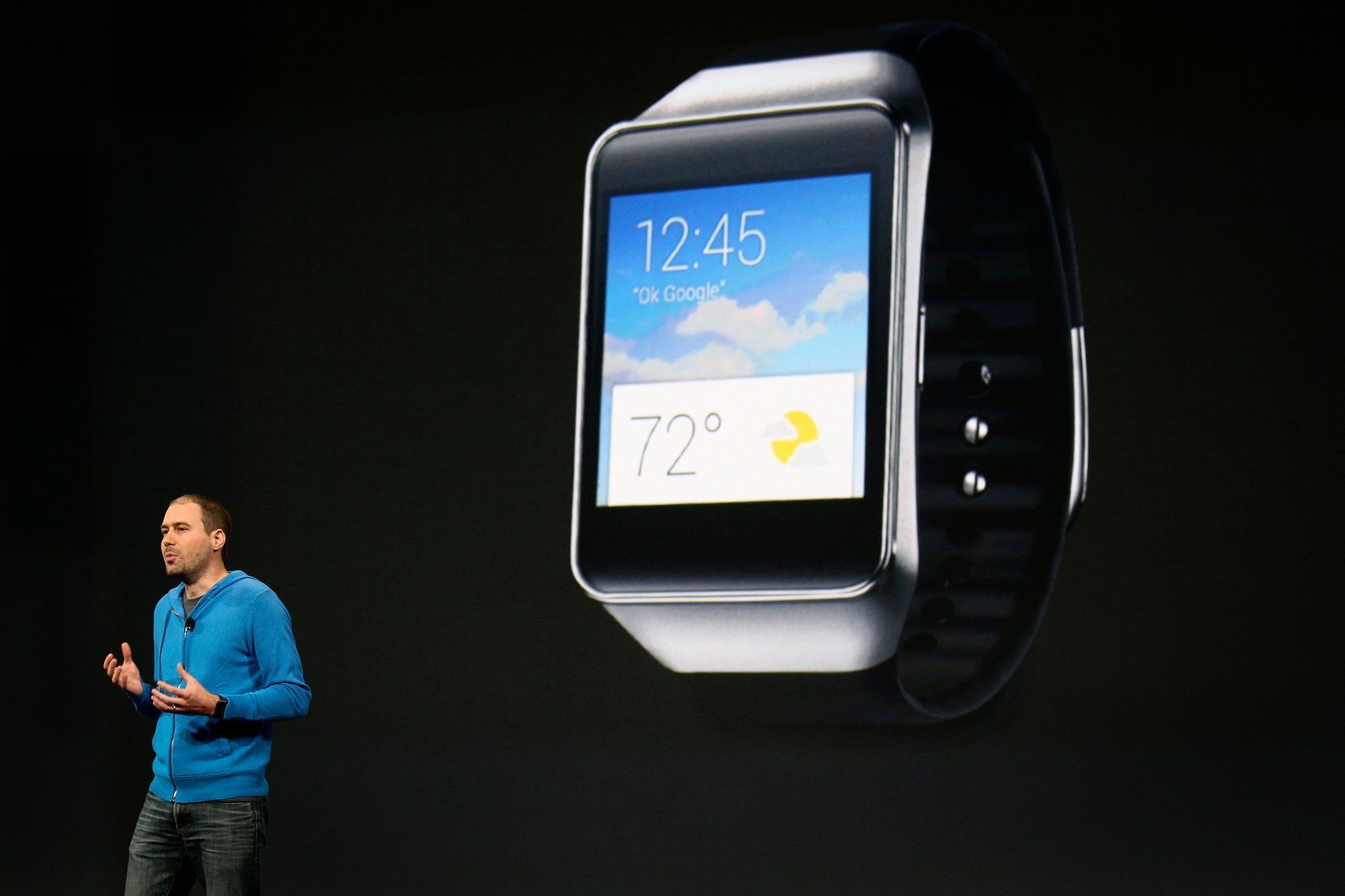 David Singleton announces a new Samsung Android Wear smartwatch at the Google I/O developers conference in San Francisco