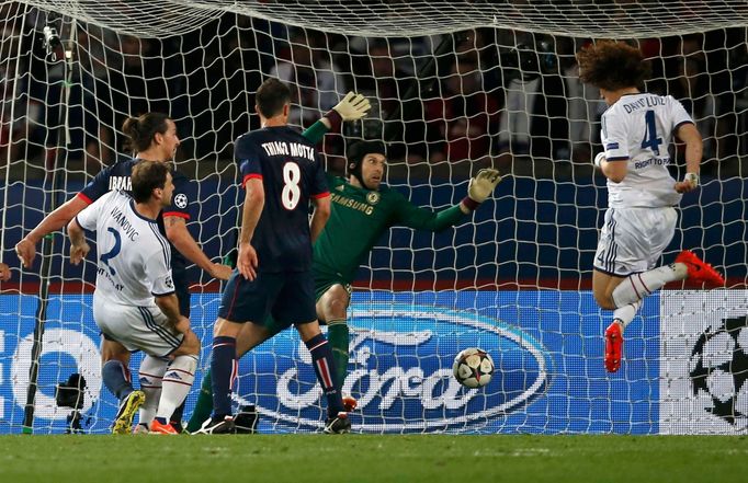 Chelsea's Luiz scores an own goal during their Champions League quarter-final first leg soccer match against Paris St Germain at the Parc des Princes Stadium in Paris