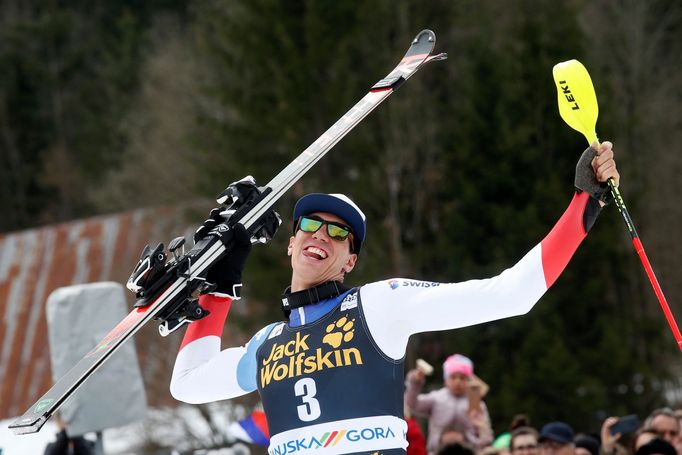 Alpine Skiing - Alpine Skiing World Cup - Men's Slalom - Kranjska Gora, Slovenia - March 10, 2019   Switzerland's Ramon Zenhaeusern celebrates his win   REUTERS/Borut Ziv