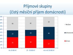 Voličské preference podle čistého měsíčního příjmu domácnosti - Schwarzenberga volili hlavně lidé s příjmem nad 30 tisíc Kč.