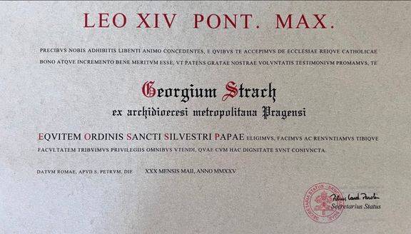 Listina potvrzující udělení Řádu svatého Silvestra Jiřímu Strachovi od papeže Lva XIV..